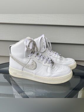 Nike White High-Top Sneakers with Rhinestone Swoosh